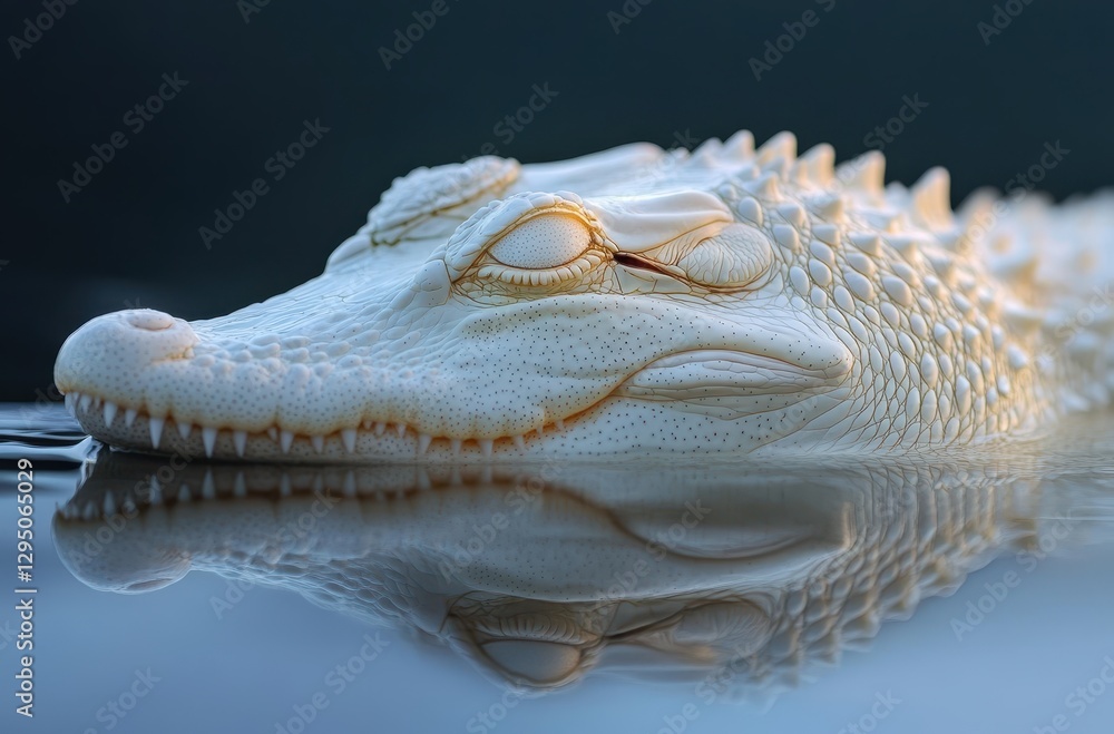 Poster close-up of an albino alligator gliding on water surfaces with mirror reflection capturing intricate