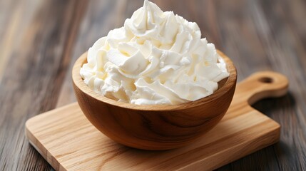 Delicious Whipped Cream in Wooden Bowl on Board