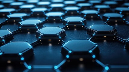 Fototapeta premium Abstract hexagonal technological grid; glowing connections; dark background; design element