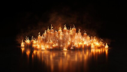 Fototapeta premium Many burning candles in smoky darkness reflecting on a surface.
