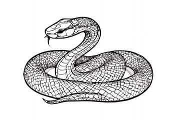 Fototapeta premium Coiled Snake Illustration with Tongue Darting Out in Black and White