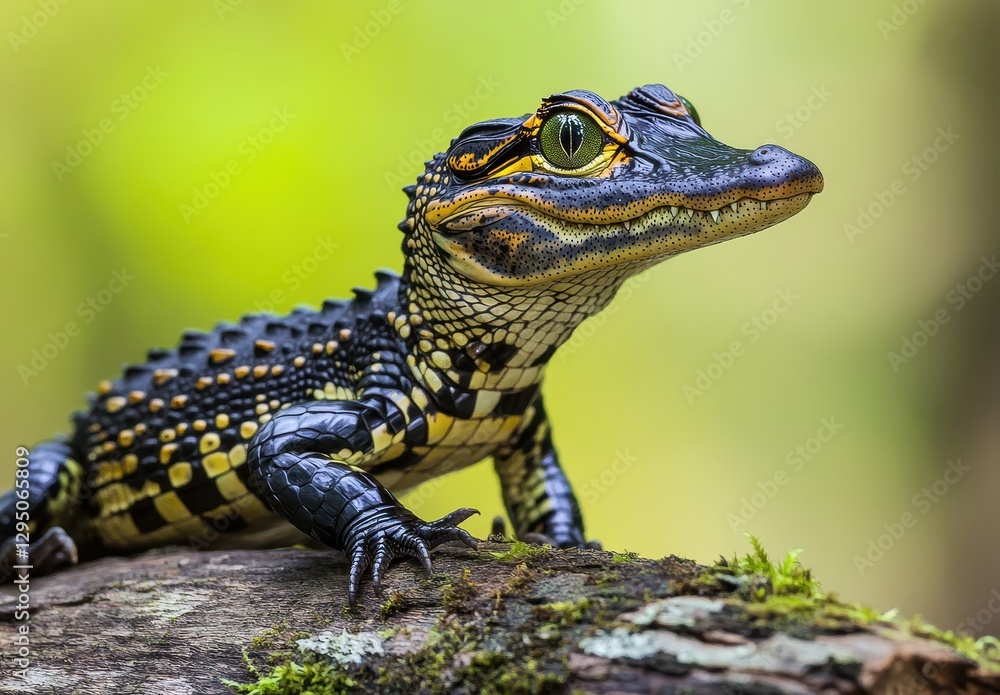 Aufkleber close-up portrait of a colorful lizard with intricate patterns and vivid eyes against a soft green b