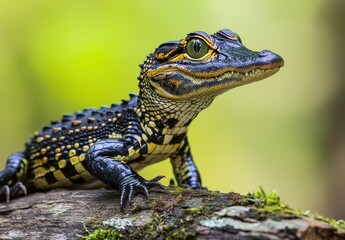 Obraz premium Close-Up Portrait of a Colorful Lizard with Intricate Patterns and Vivid Eyes Against a Soft Green Background in a Natural Habitat