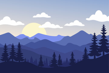 Obraz premium A breathtaking mountain landscape at sunset, featuring towering peaks, pine trees, and a serene sky