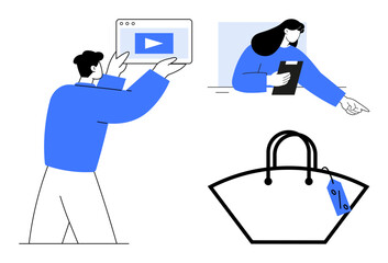 Man showcasing video on tablet, woman pointing with tablet, shopping bag with price tag. Ideal for e-commerce, online marketing, digital sales, promotions, advertising strategy, business
