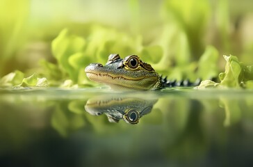 Close-Up View of a Frog Among Green Leaves with Reflection in Water, Nature Photography, Animal Portrait in a Calm Environment