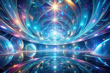 Fototapeta premium A Futuristic, Luminous, and Reflective Inner Space with Orb-Like Structures and Glowing Celestial Elements