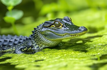 Fototapeta premium Close-Up View of a Young Alligator Relaxing on a Green Aquatic Surface Surrounded by Vibrant Greenery and Natural Habitat Environment