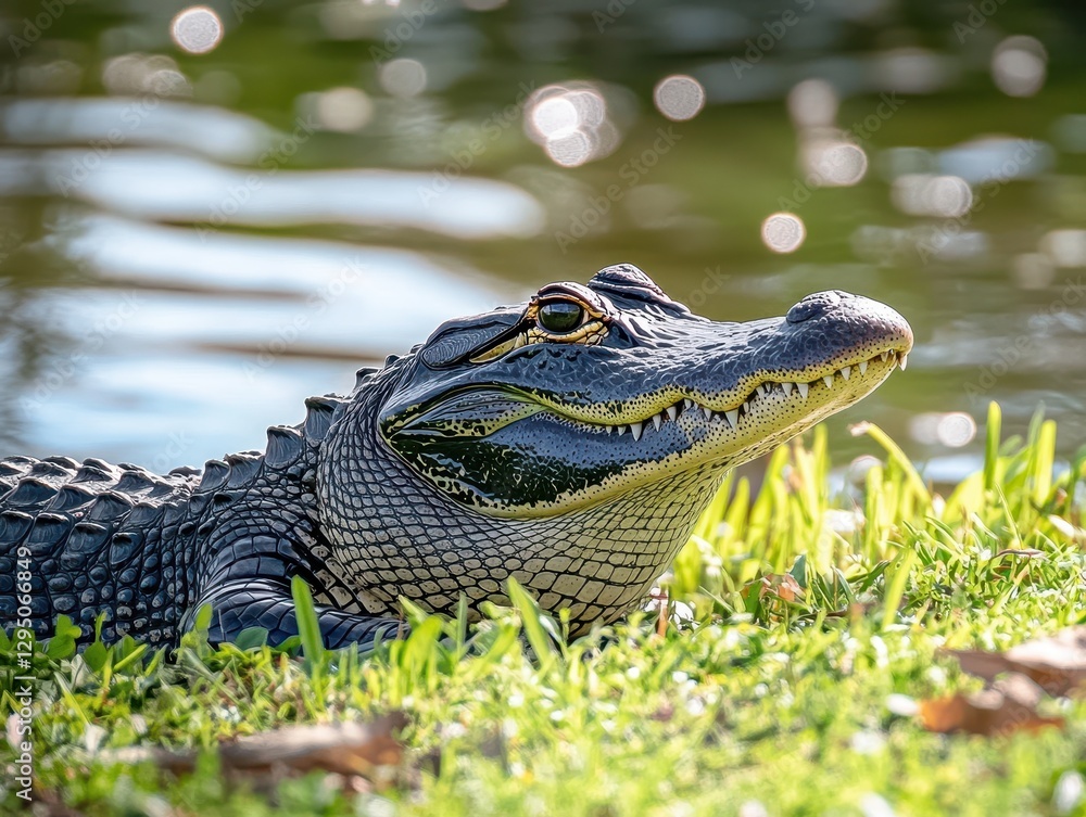 Poster close-up view of alligator resting on grass beside calm water with bokeh background in natural habit