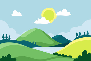 Obraz premium A serene and sunny landscape depicting rolling green hills, a calm river, and clear skies with a bright sun overhead, perfect for a peaceful outdoor getaway