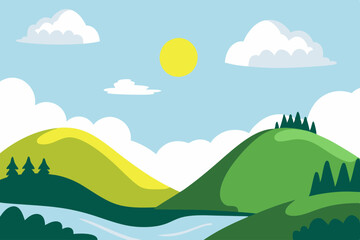 A serene and sunny landscape depicting rolling green hills, a calm river, and clear skies with a bright sun overhead, perfect for a peaceful outdoor getaway