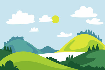 Fototapeta premium A serene and sunny landscape depicting rolling green hills, a calm river, and clear skies with a bright sun overhead, perfect for a peaceful outdoor getaway