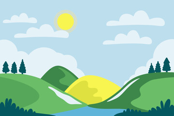 Obraz premium A serene and sunny landscape depicting rolling green hills, a calm river, and clear skies with a bright sun overhead, perfect for a peaceful outdoor getaway