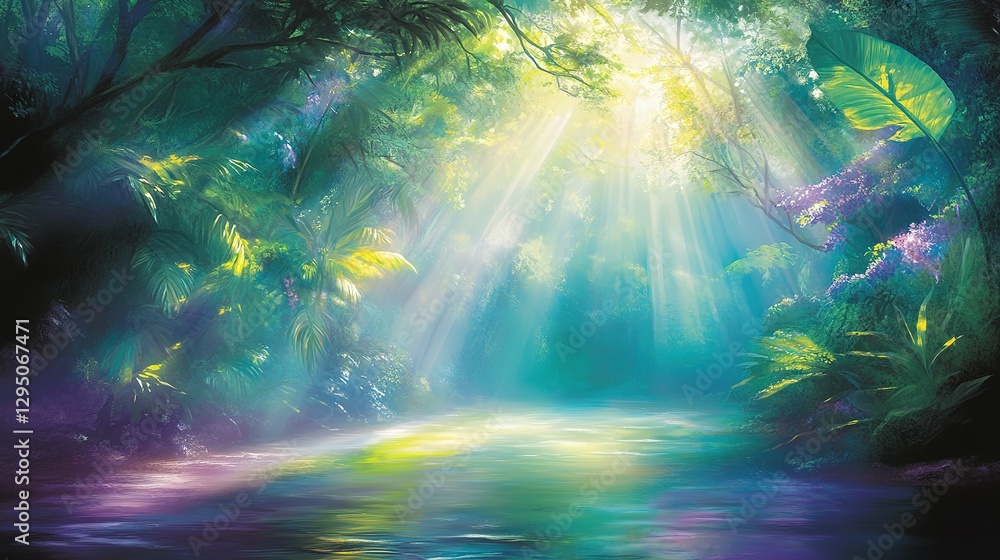 Poster sunlight shines through trees creating a vibrant mystical forest scene