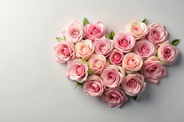 A Delicate Arrangement of Pink Roses Forming a Heart Shape on a Light Gray Background