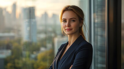 Businesswoman in bright office empowered city skyline perspective