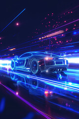 A glowing blue wireframe model of a sports car in a futuristic digital setting with neon lights and high-tech elements. Concept of innovation, technology, and modern vehicle design.