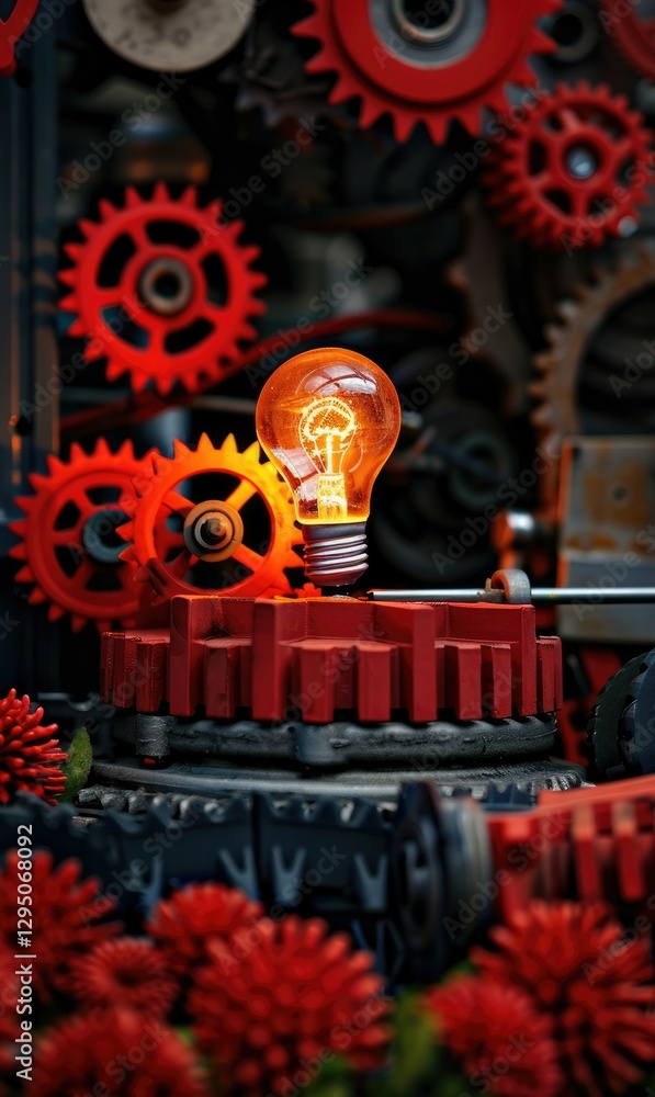 Poster illuminated lightbulb amidst intricate red gears and cogs mechanical invention concept