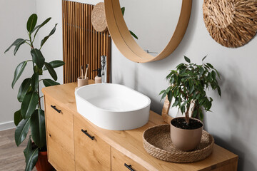 Chest of drawers with sink, houseplant and bath supplies near light wall in bathroom