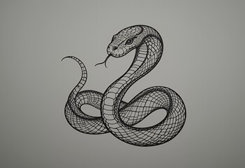 Coiled Cobra Drawing with Intricate Line Work on a Plain Background