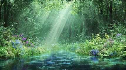 Obraz premium Sunlight streams through a green forest over a peaceful waterway