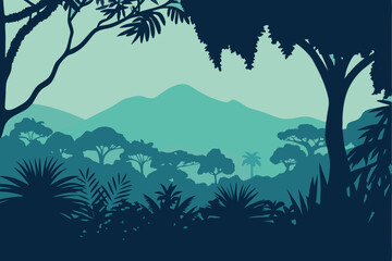 Fototapeta premium Serene jungle landscape featuring lush greenery, vibrant plants, and distant mountains, evoking a peaceful natural environment