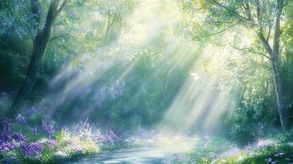 Sunlight streams through a green forest with purple wildflowers along the path