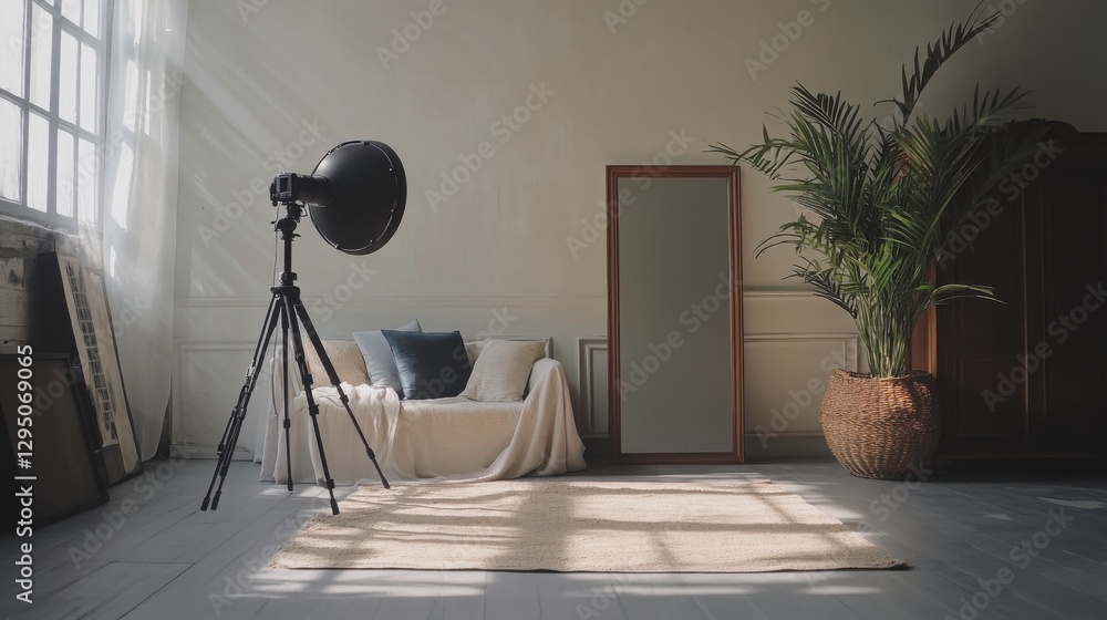 Poster cozy studio setup with soft light and tripod ready for filming