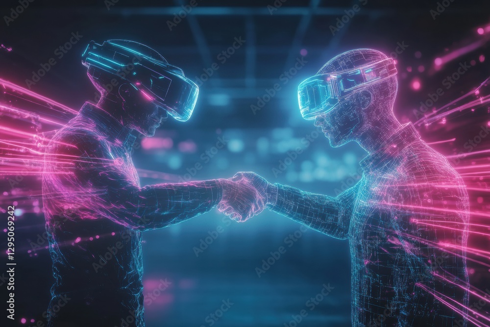 Poster Digital avatars engaging in friendly handshake in a metaverse environment during virtual social interaction. Generative AI