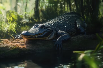 Fototapeta premium Lurking Alligator Relaxing on a Fallen Log Surrounded by Lush Greenery and Reflective Water in a Serene Wetland Environment