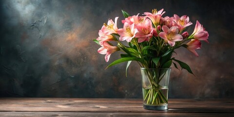 A delicate bouquet of pink lilies arranged in a clear glass vase, sits on a rustic wooden surface against a dark textured backdrop.