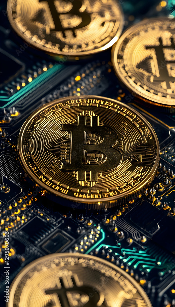 Poster bitcoin and cryptocurrency coins with a blockchain technology background -