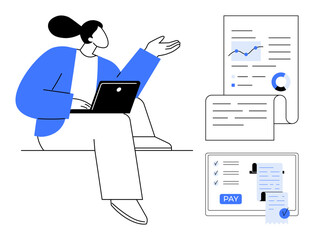 Businessperson using a laptop gestures next to financial documents, graphs, payment receipt on screen. Ideal for finance, analysis, business planning, accounting, payments, data review productivity