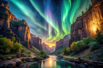 Serene Canyon River at Sunset Under a Vibrant Aurora Borealis Display