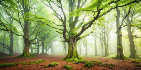 Enchanted Spring Forest Mossy Trees in a Misty Woodland Setting