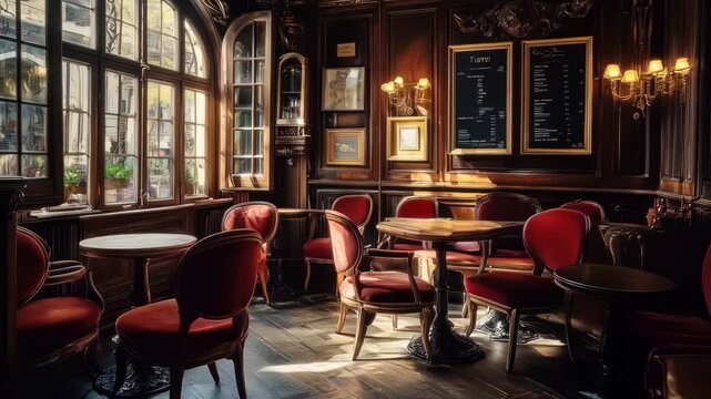 Elegant Parisian Cafe Interior: Sunlight Streaming Through Large Windows