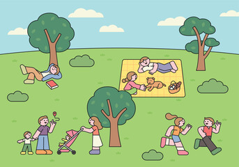 Cute vector illustration of people enjoying a park. Families having a picnic, reading, jogging, and spending quality time outdoors in a relaxing and happy atmosphere.
