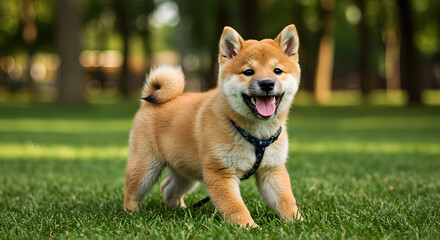 Happy Shiba Inu Dog Smiling in Park - Cute Pet Stock Photo