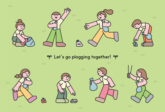 Cute vector illustration of people doing plogging, a combination of jogging and picking up trash. Promoting eco-friendly habits and environmental sustainability.