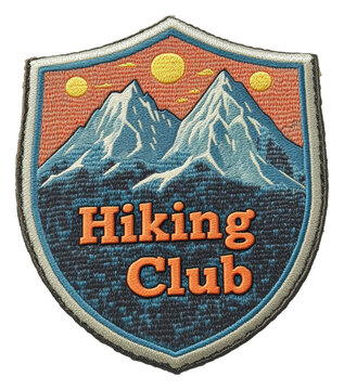 Hiking club logo outdoor adventure patch design nature scene. Patch design isolated