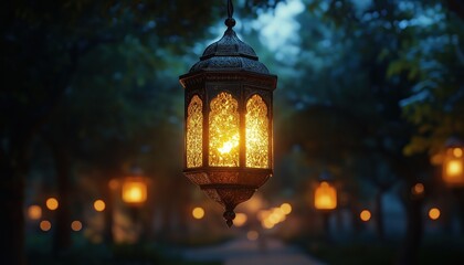 Ornate Ramadan Lanterns Glowing at Night on Outdoor Path - Festive Scene