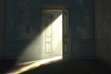 Fototapeta premium A Ray of Hope: Light Streaming Through an Open Door in a Dark Room