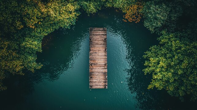 Aerial view of wooden dock in tranquil forest lake - Powered by Adobe
