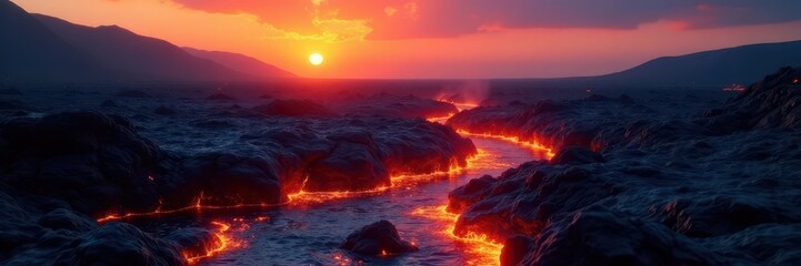 Jagged black lava contrasts vibrant sunset, orange lava flows brightly , silhouette, nature
