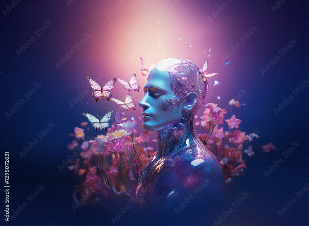 Poster Ethereal figure surrounded by butterflies and flowers against a gradient background.  Illuminated with soft light, creating a serene and dreamy scene.