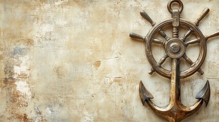 Vintage Wooden Anchor with Ship Wheel on Rustic Wall Background © Danupan