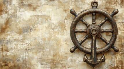 Obraz premium Vintage Ship Wheel on Textured Background for Nautical Decor