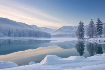 Fototapeta premium Beautiful Winter Landscape Snow-Covered Lake Tranquil Still Water Serene Sky