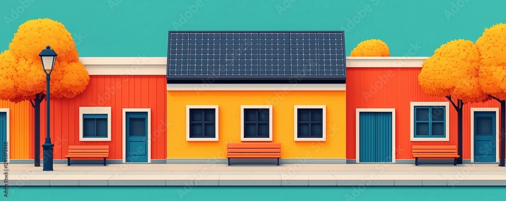 Poster developing countries infrastructure concepts. brightly colored building with solar panels and autumn