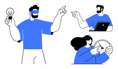 People interacting with digital devices man with VR headset and lightbulb, woman with steering wheel, man on laptop. Ideal for tech innovation, teamwork, business analysis, digital solutions